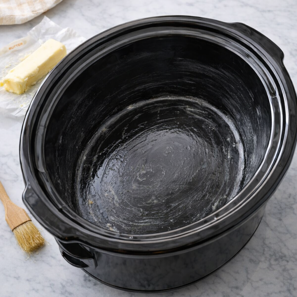 Greased slow cooker crock on kitchen counter