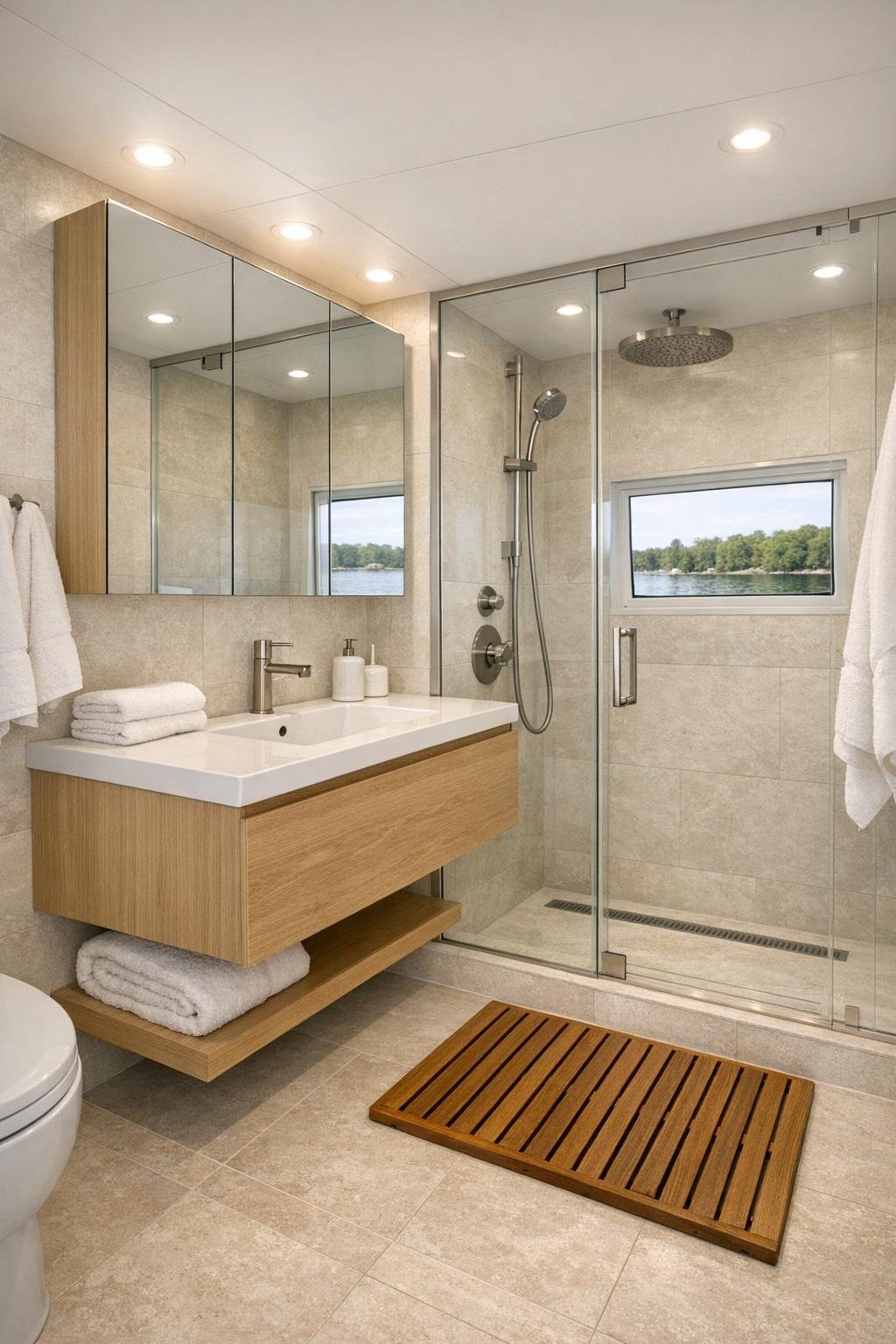 Clean modern houseboat bathroom with floating wood vanity and glass shower