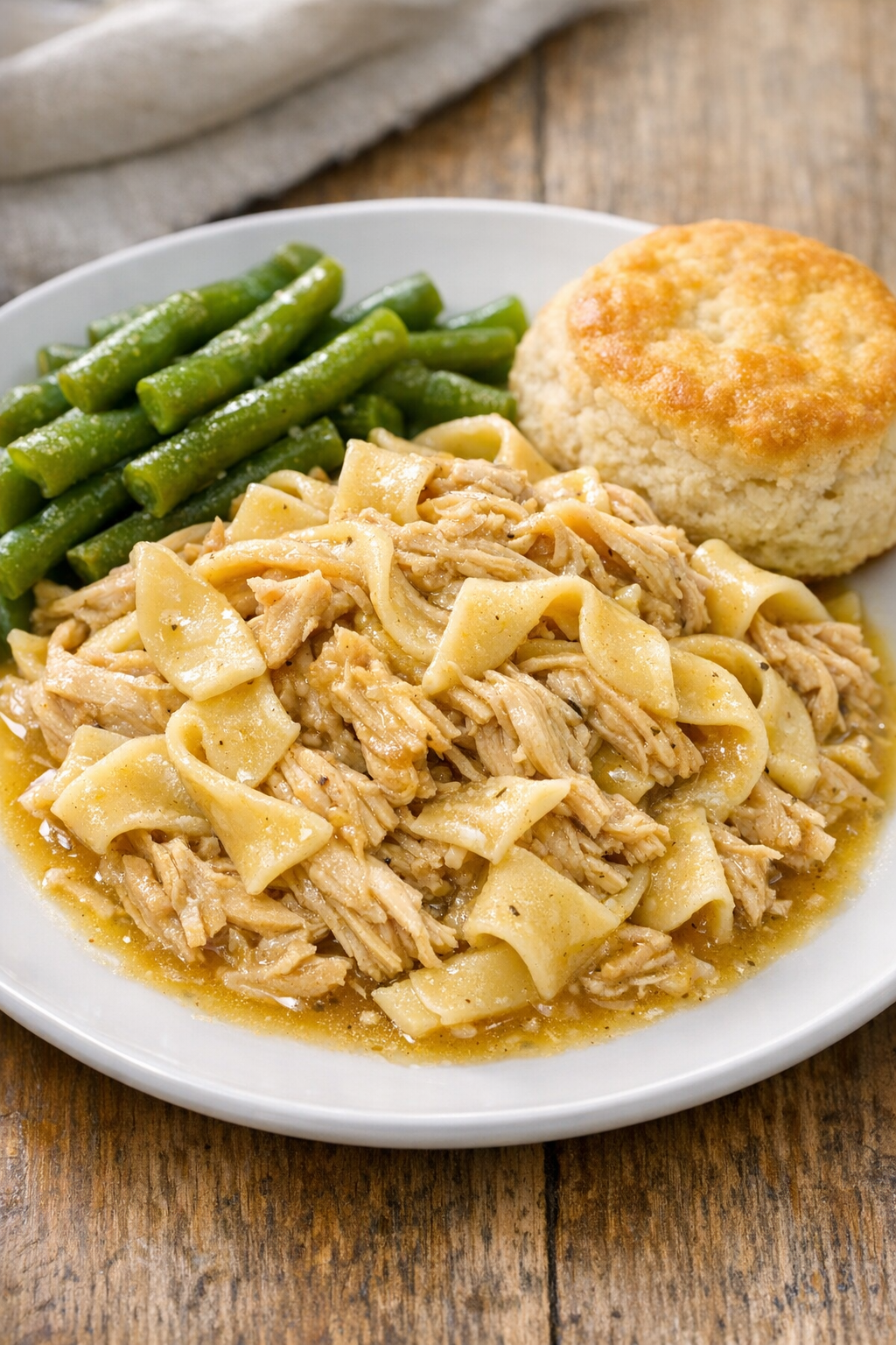 Finished Amish chicken and noodles plated with simple sides