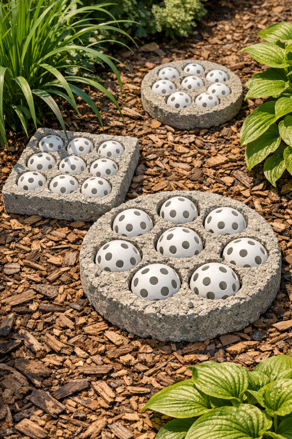 Finished heavy perforated cement yard forms made with wiffle balls
