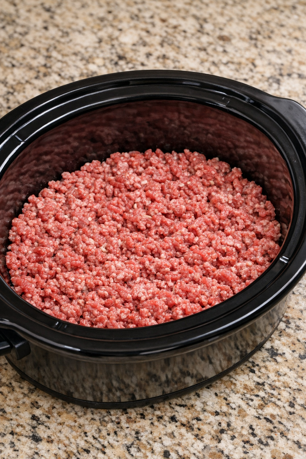 Raw ground beef spread in the bottom of a slow cooker