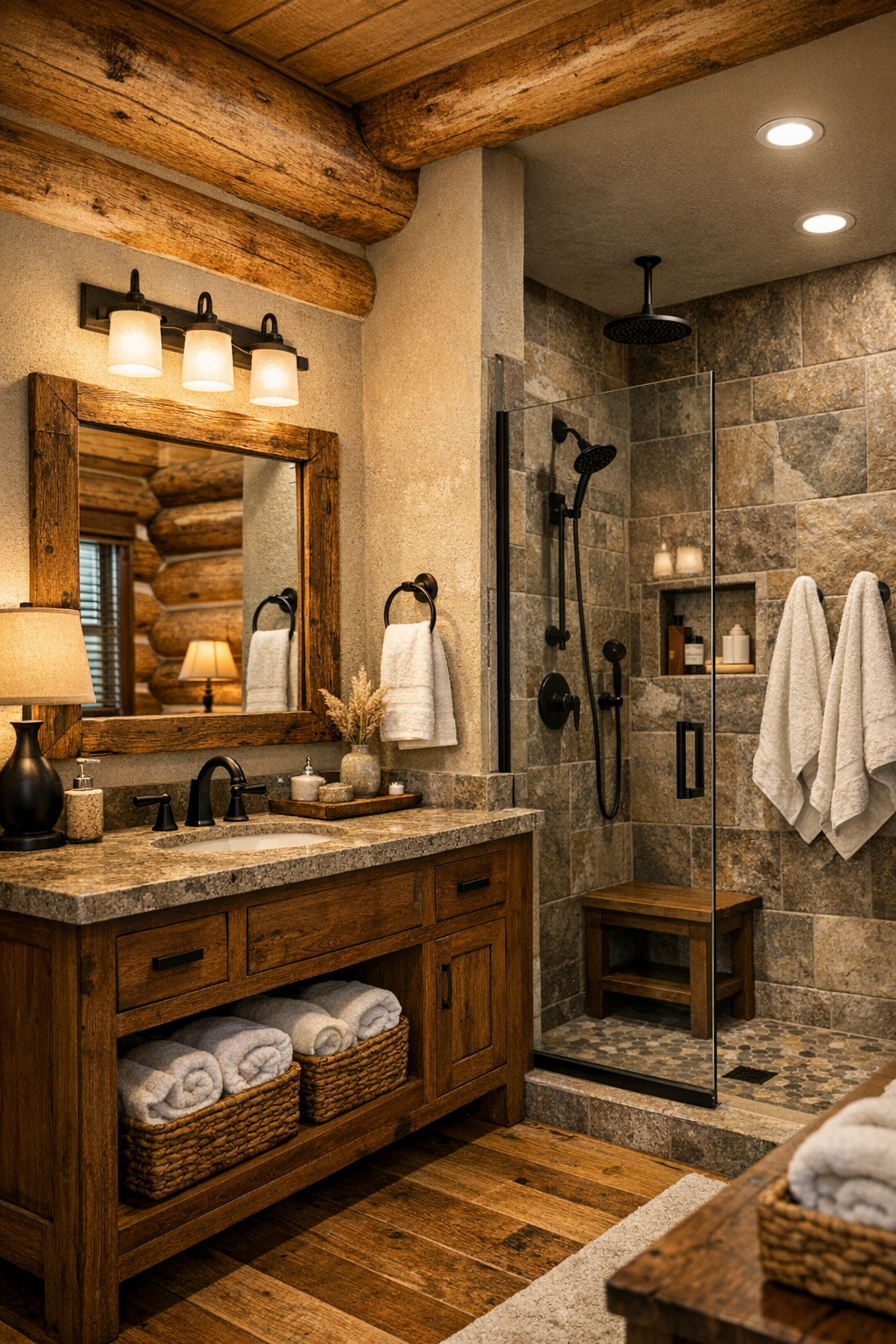 Rustic modern bathroom with wood vanity, stone surfaces, walk-in shower, and warm metal fixtures