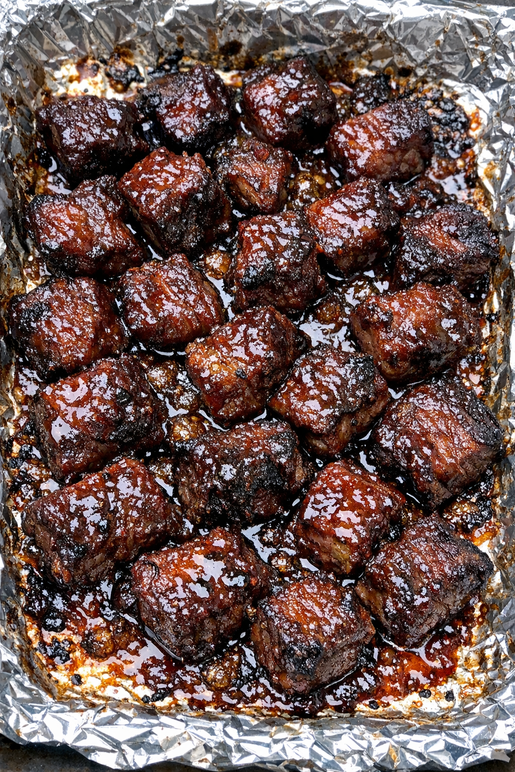 Oven baked 4-ingredient beef burnt ends on a foil-lined baking sheet
