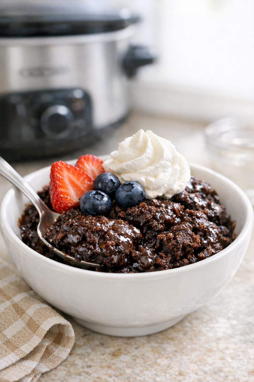 Finished slow cooker brownie dessert plated with berries