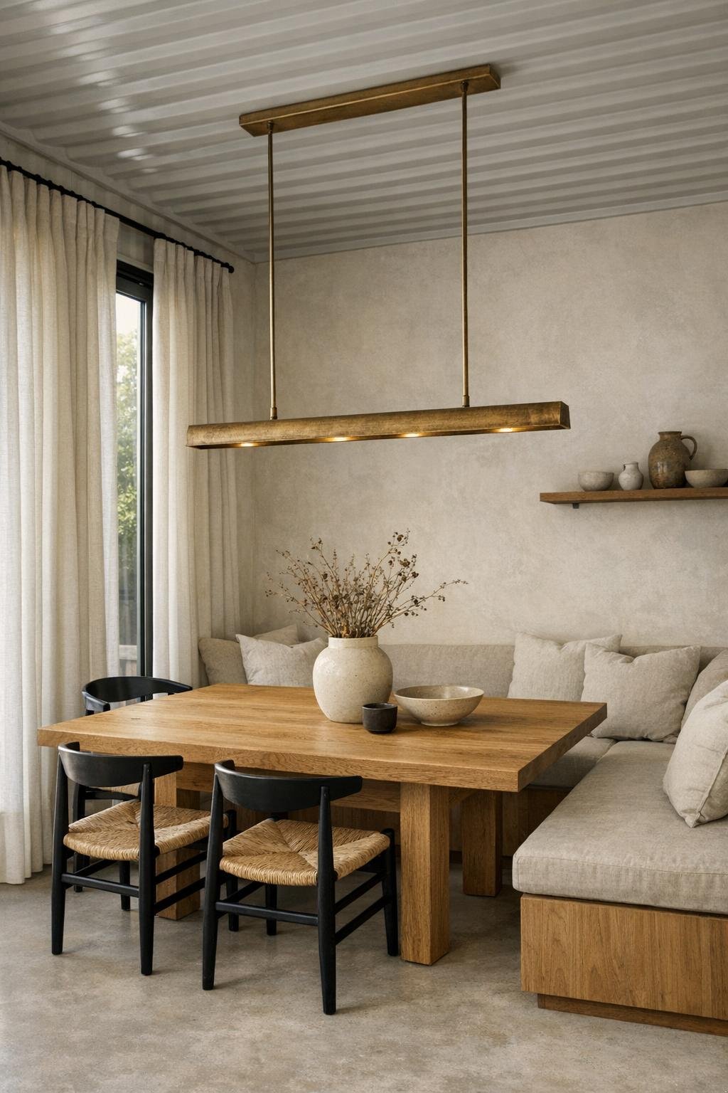 Minimal dining room with oak table, woven chairs, and brass pendant lighting