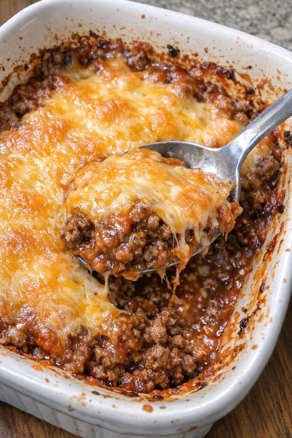 Hearty baked beef casserole with melted cheese