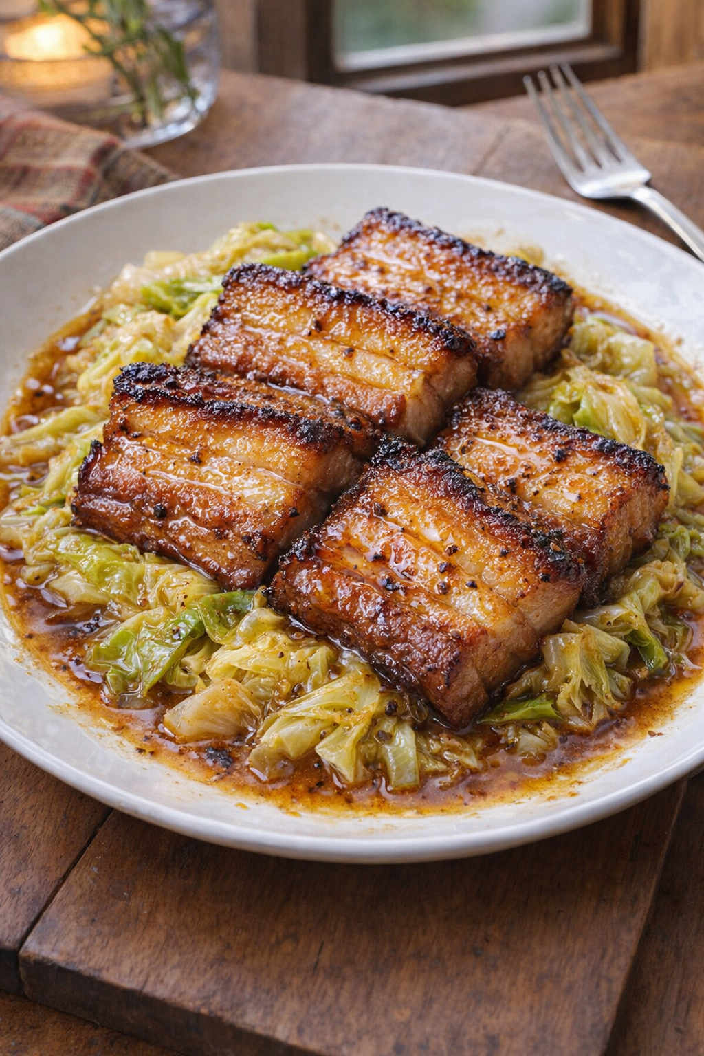 Slow cooker pork belly and cabbage plated for dinner