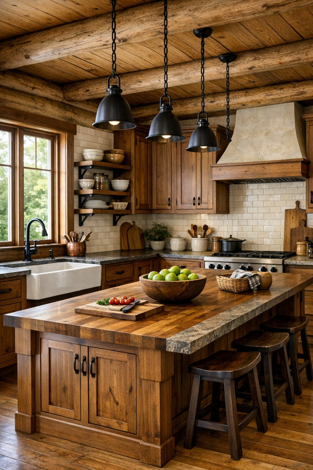 Craftsman log kitchen with wood cabinets and farmhouse sink