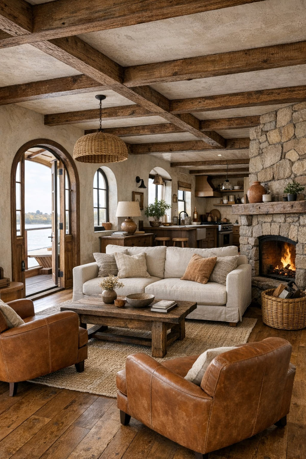 Tuscan-inspired living room with plaster walls, oak floors, exposed beams, and warm linen seating