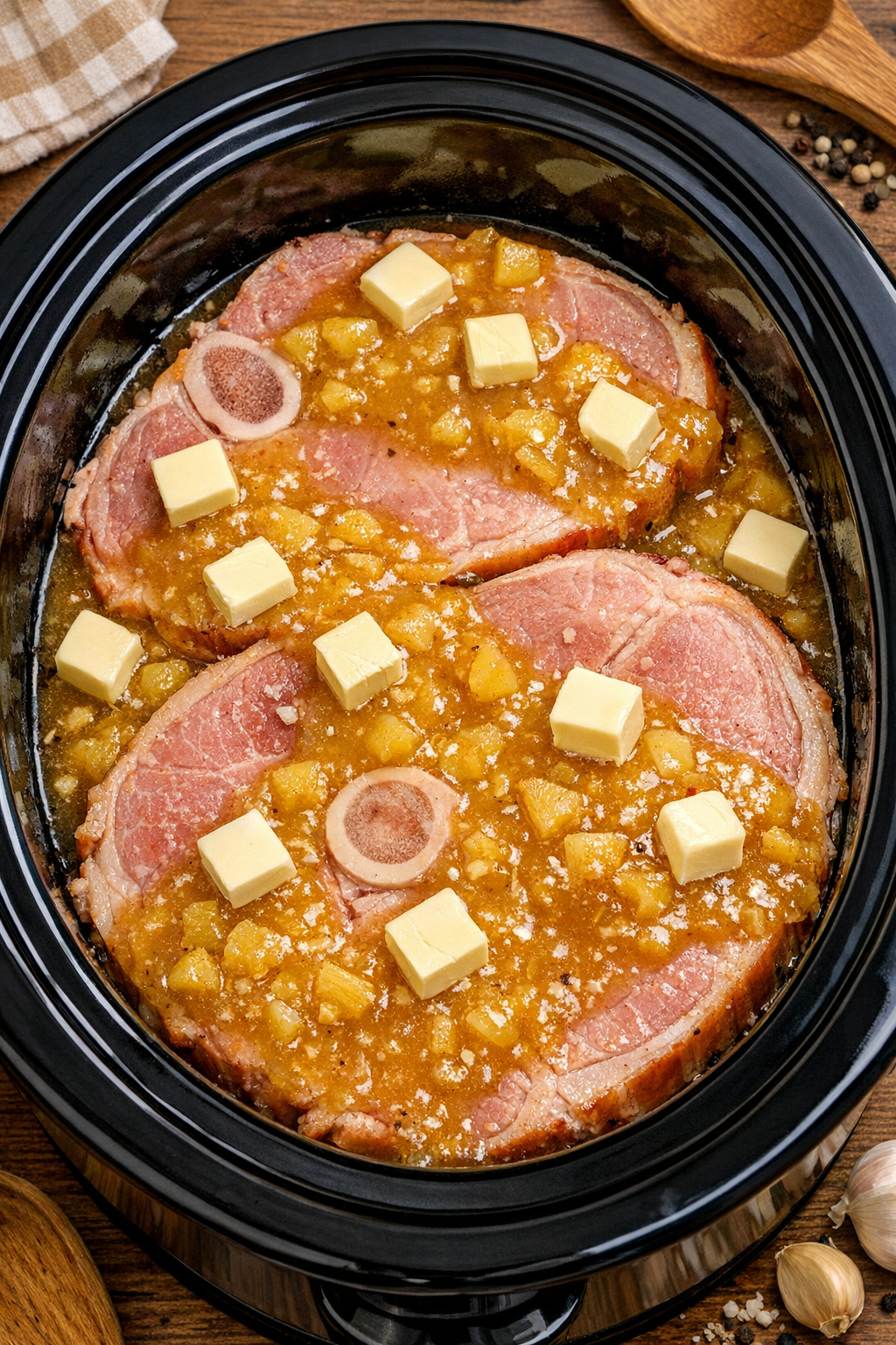 Sauce poured over ham steaks in the slow cooker
