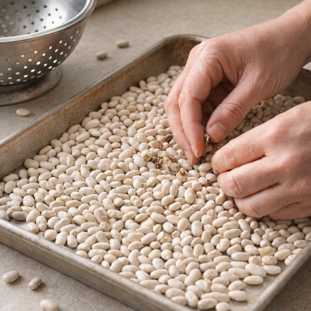 Dried navy beans being sorted on a kitchen counter