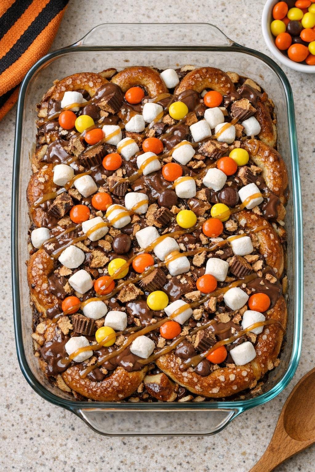 Finished Halloween pretzel dessert in glass baking dish
