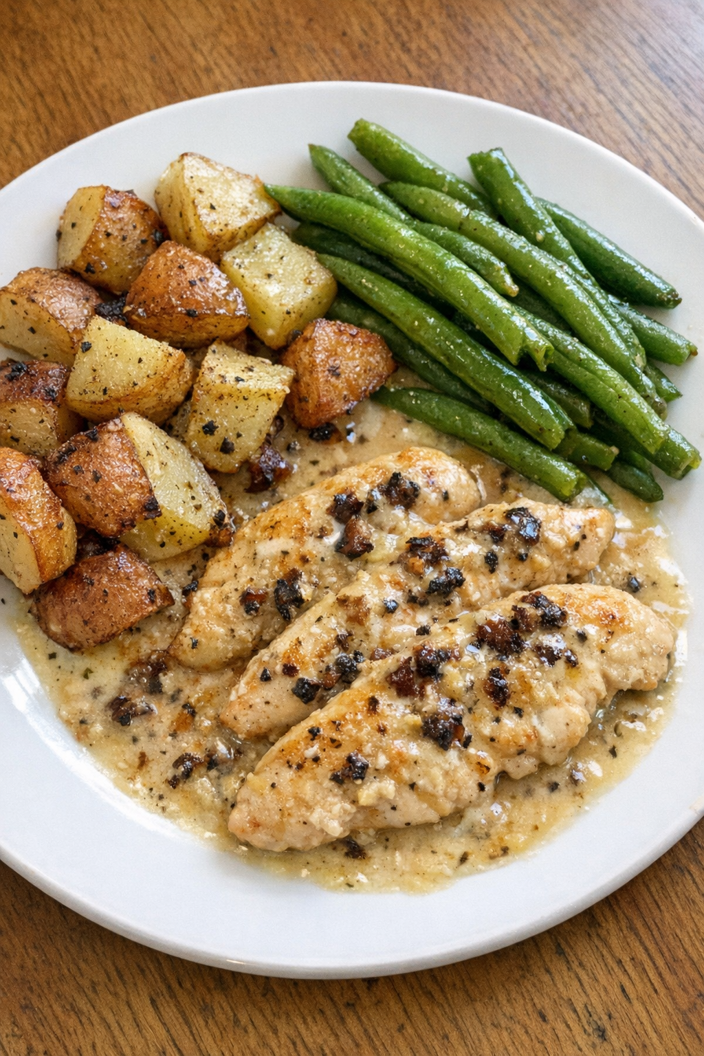 Finished baked chicken tenderloins plated with pan sauce