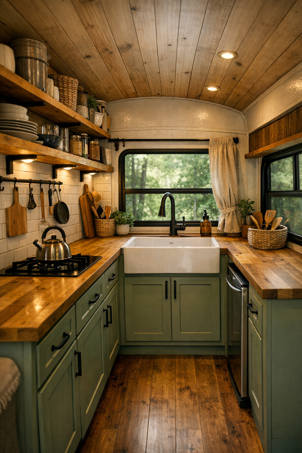 Compact off-grid bus kitchen with sage cabinets, butcher-block counters, and open shelves