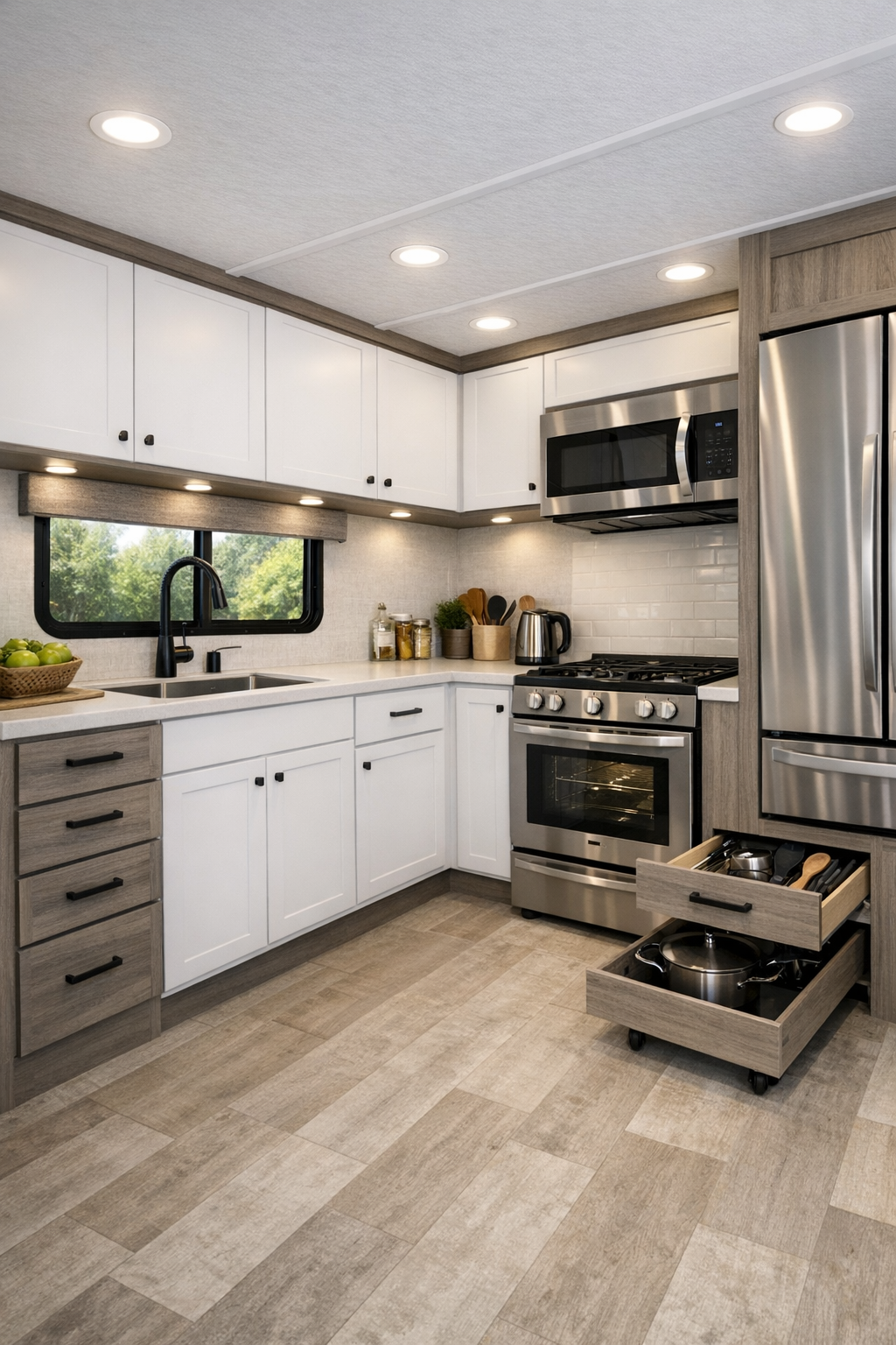 Modern accessible RV kitchen with white cabinets and driftwood gray accents