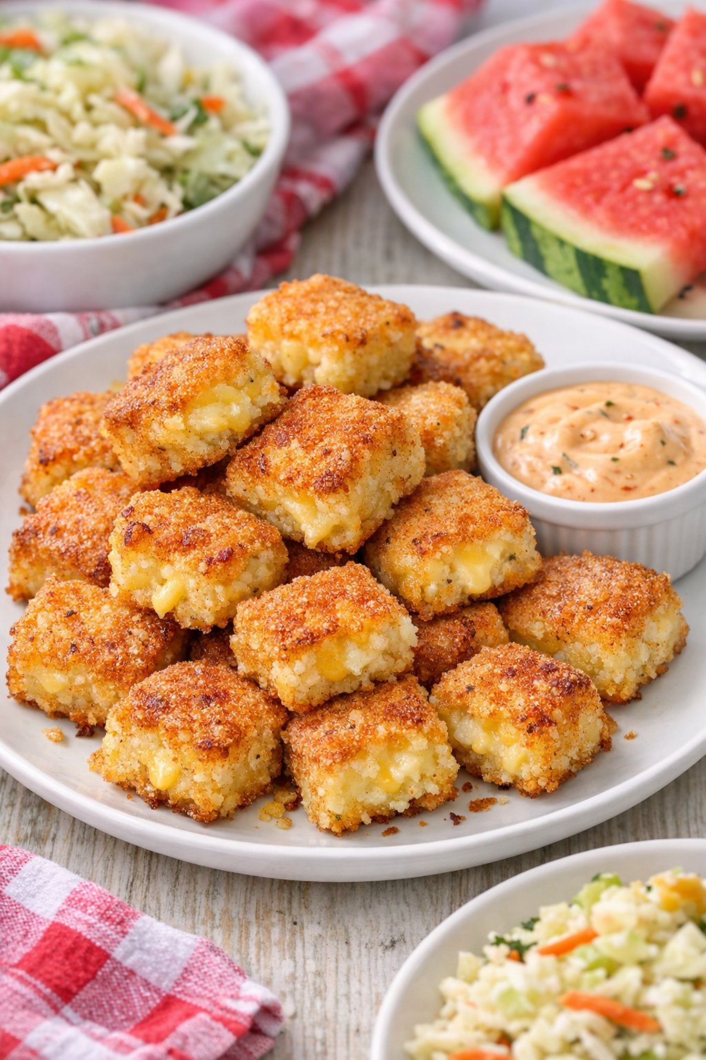 Plated cheesy grit bites with dipping sauce
