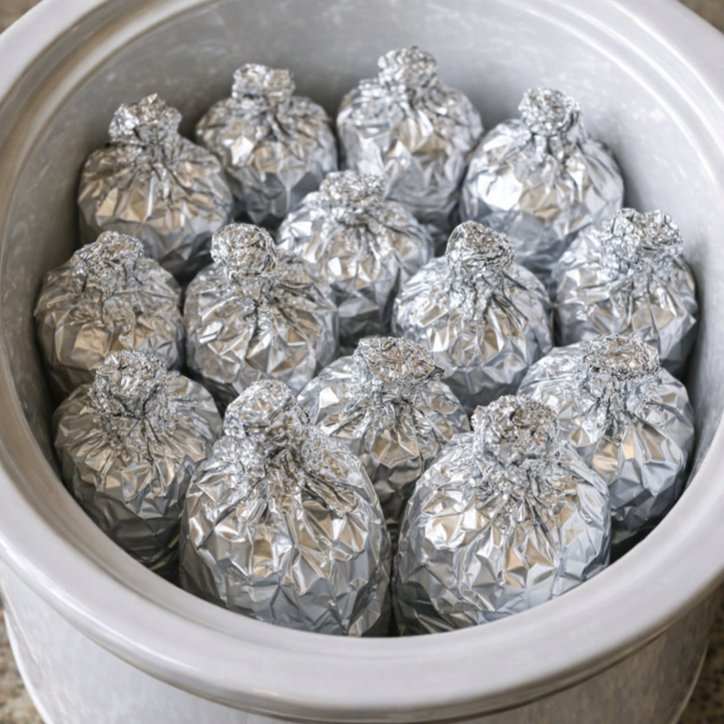 Foil packets packed upright inside the slow cooker