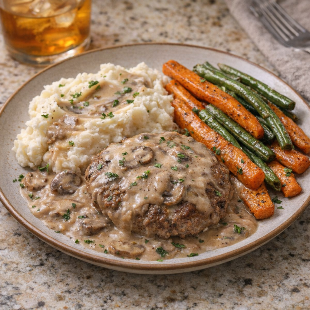 Weeknight plate of poor man's steak with vegetables
