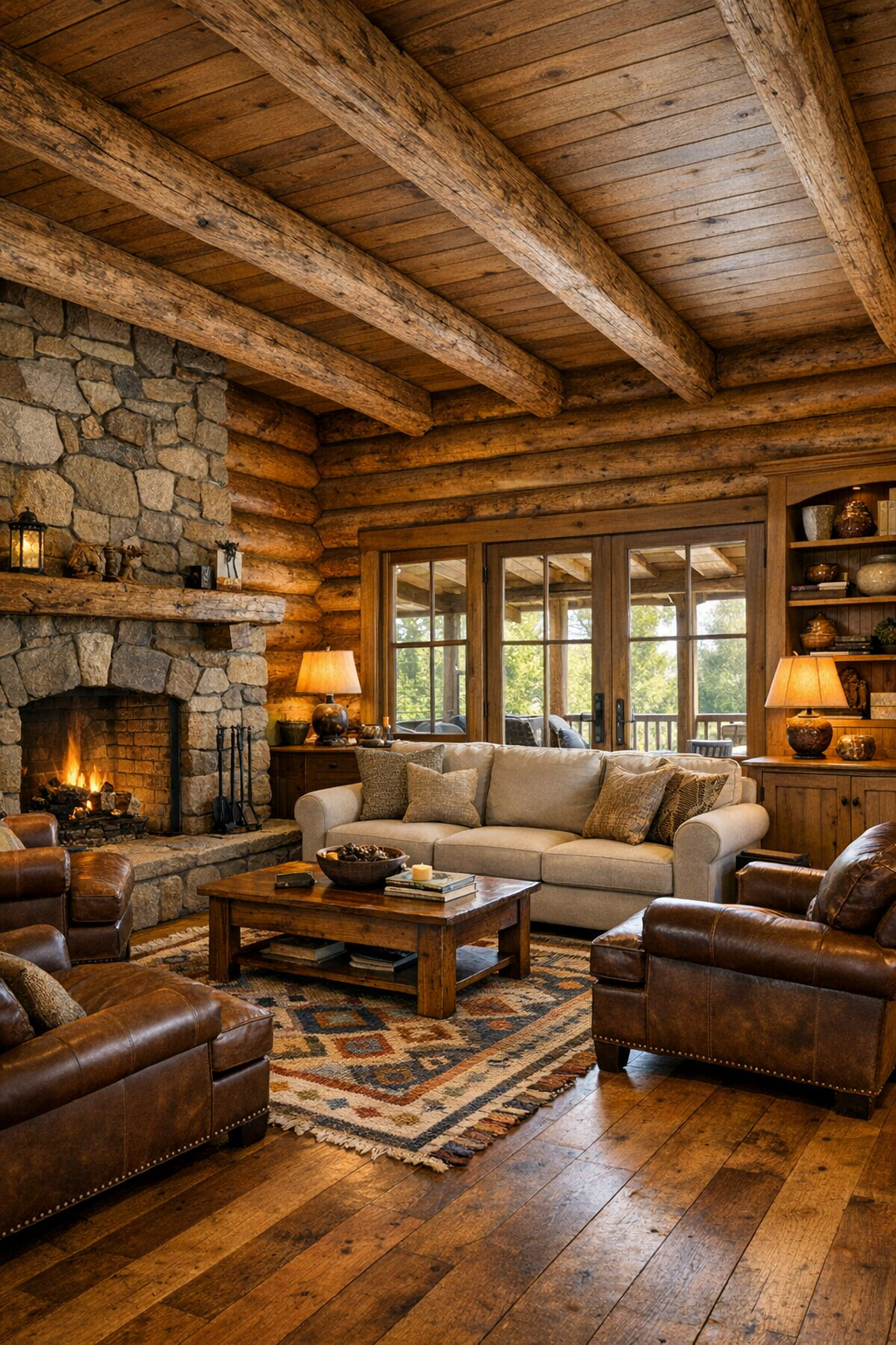 Warm log home living room with exposed beams, stone fireplace, and handcrafted wood furniture