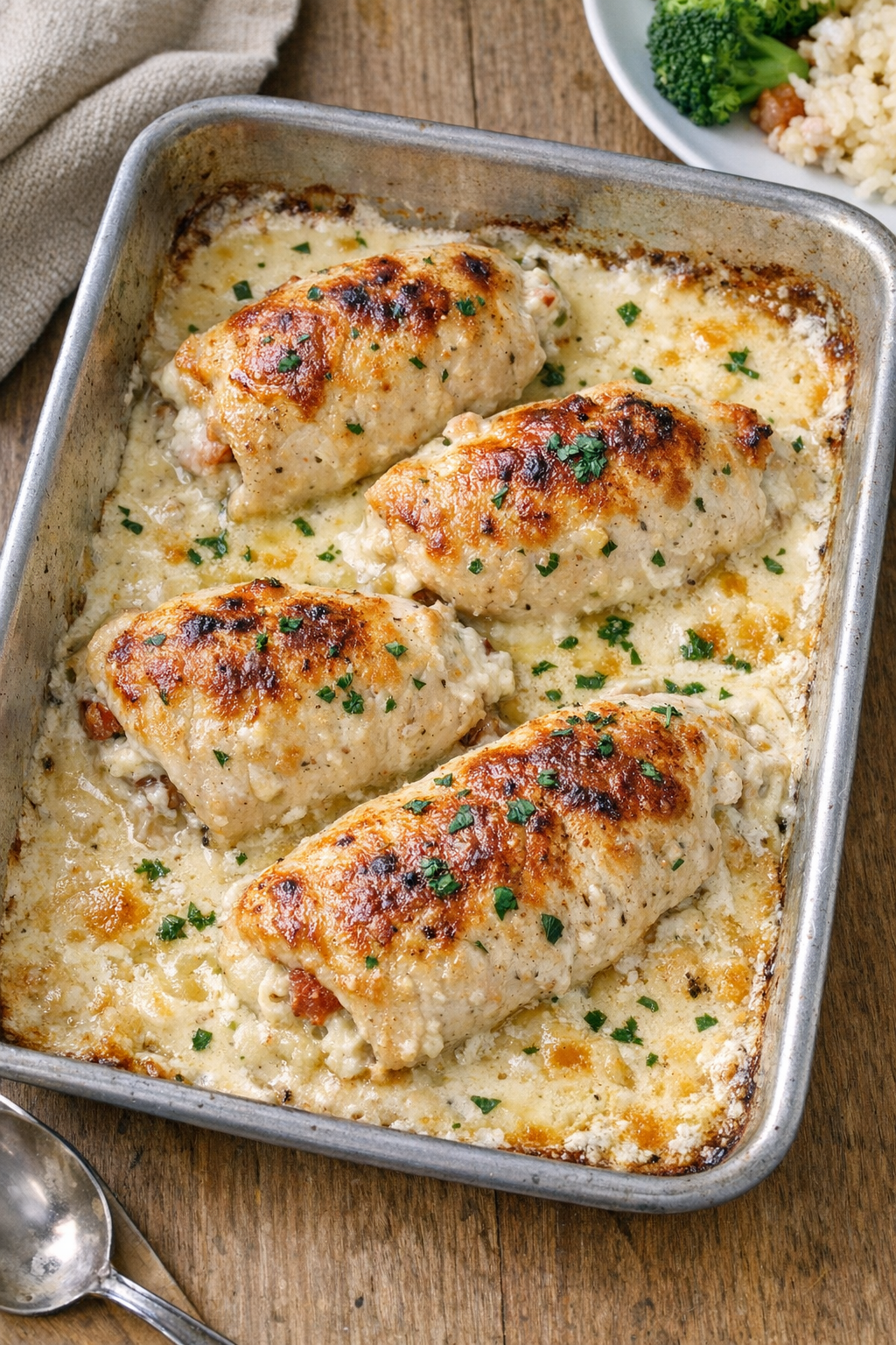 Baked stuffed chicken breasts in creamy sauce in a metal pan