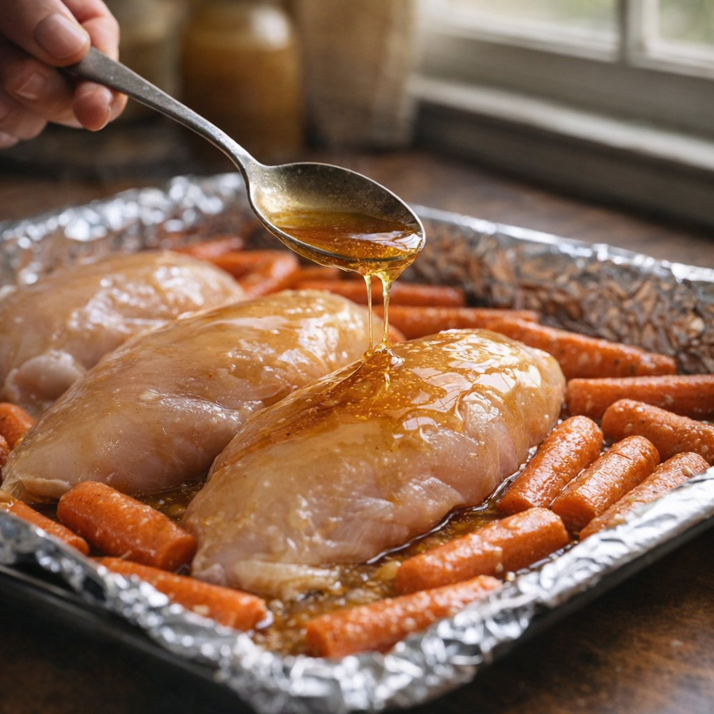 Honey-butter glaze being spooned over chicken and carrots