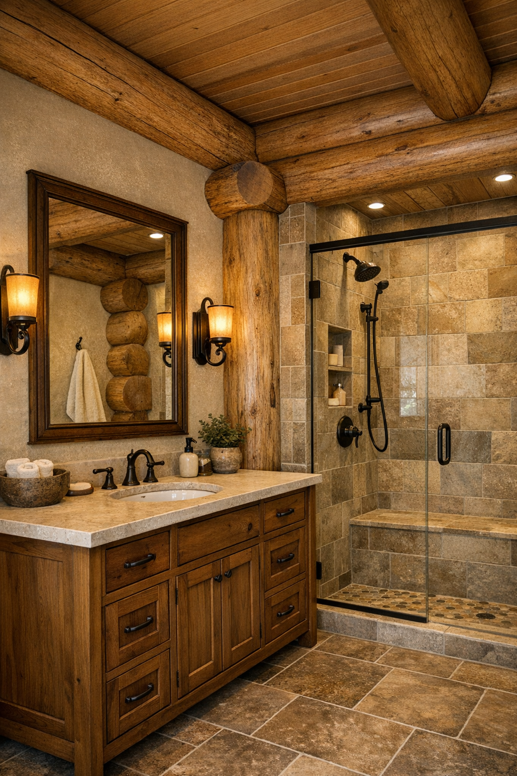 Bright handcrafted bathroom with wood vanity, tiled shower, and warm sconces