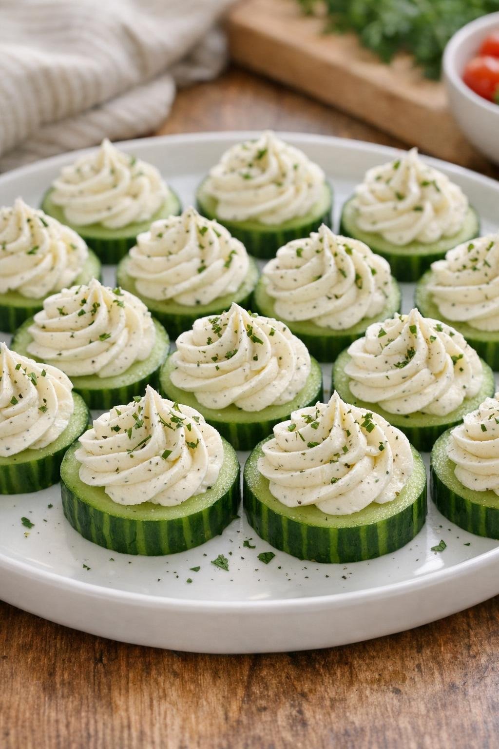 Finished cucumber ranch bites on a serving platter