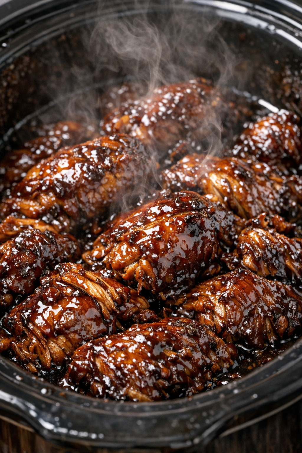 Slow cooker chicken in glossy caramel glaze