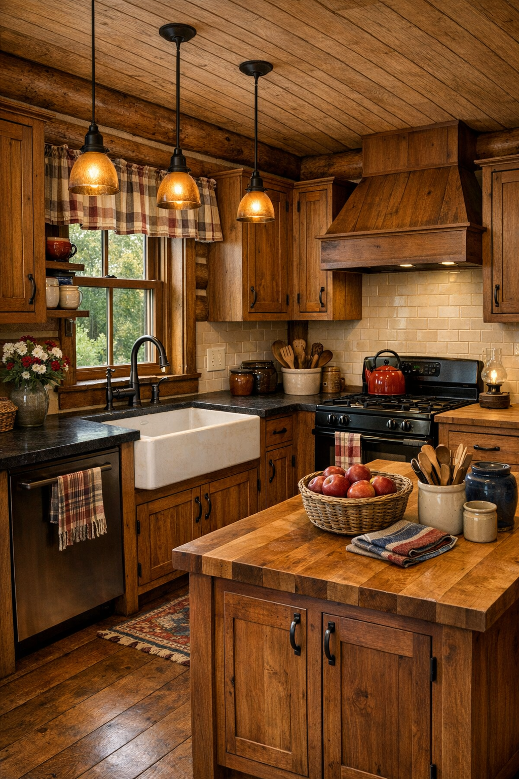 Rustic handcrafted kitchen with Amish-built cabinetry, farmhouse sink, and warm wood finishes