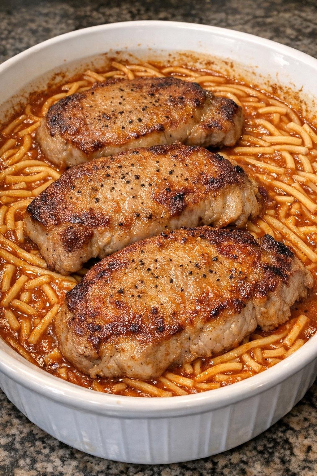 Golden browned pork chops baked over canned spaghetti in a white oval casserole dish