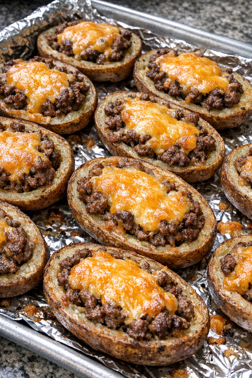 Crispy beef potato skins with melted cheddar