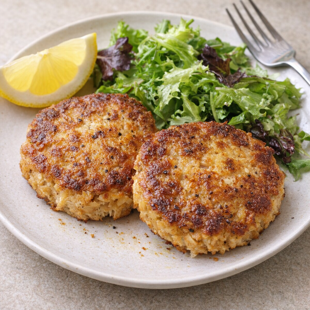 Tuna patties on a weeknight dinner plate with lemon and salad