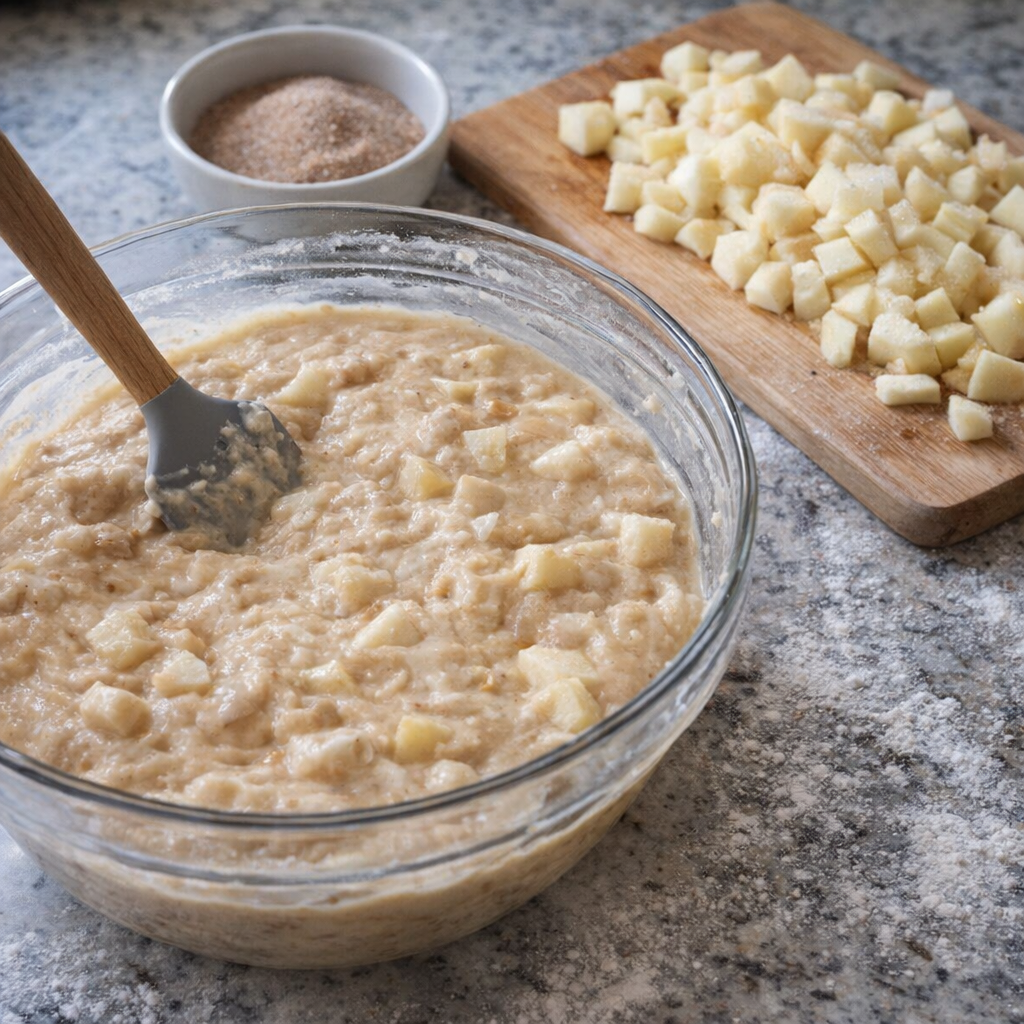 Mixing bowl with apple bread batter and cinnamon sugar