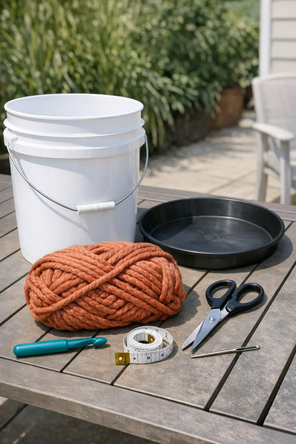 Materials for a crocheted outdoor speaker stand laid out together