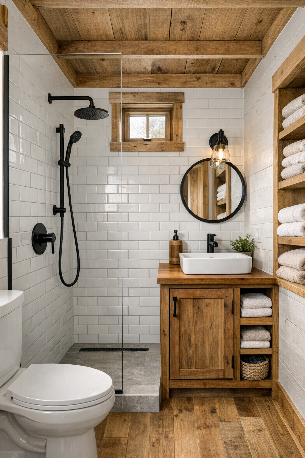 Bright tiny home bathroom with tiled shower, wood vanity, and black fixtures