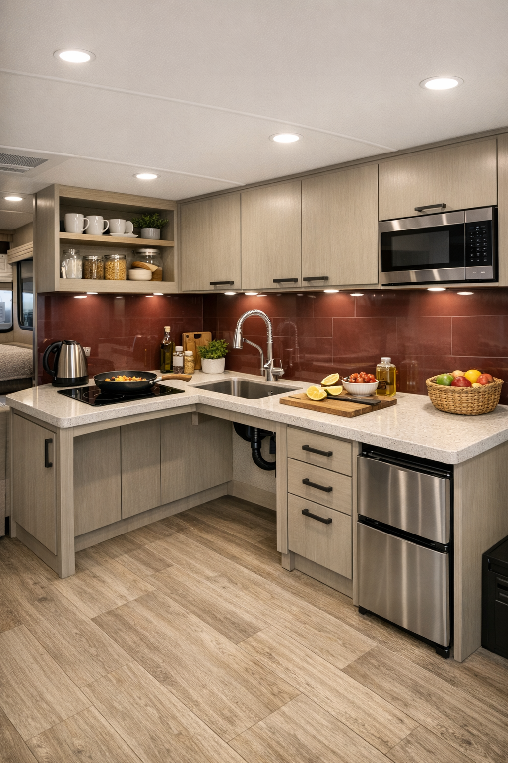 Accessible RV camper kitchen with matte sand cabinets, pale counters, and glossy maroon backsplash