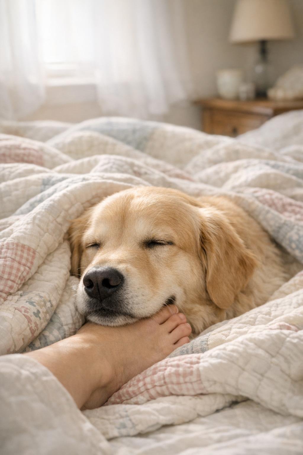 Content dog sleeping with its chin resting on its owner's ankle