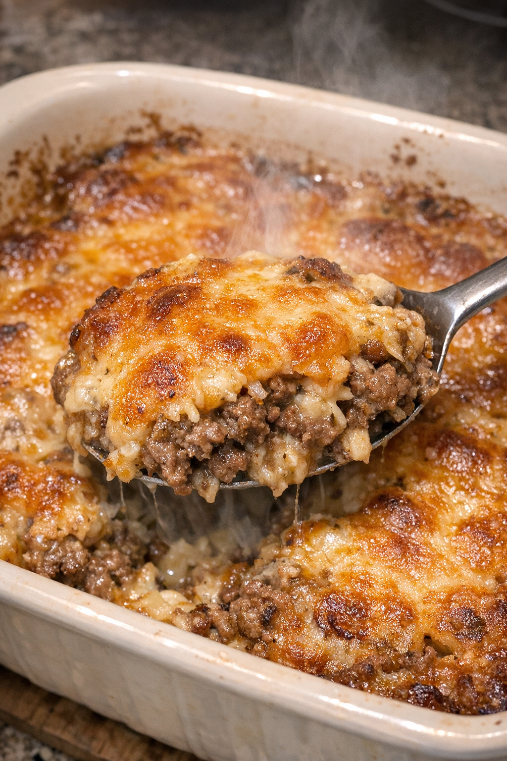Bubbling beef casserole with melted cheese in a baking dish