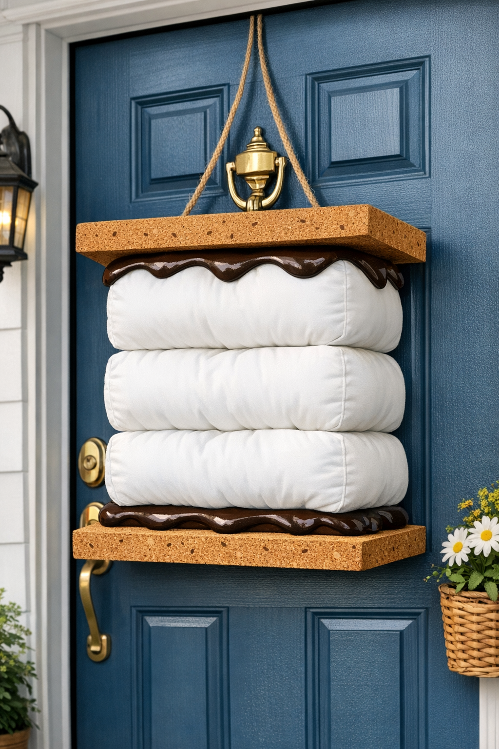 Finished giant summer s'more front door hanger on a porch door