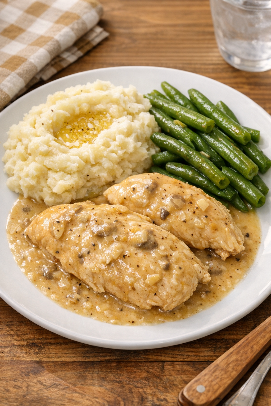 Finished slow cooker chicken plated with sauce