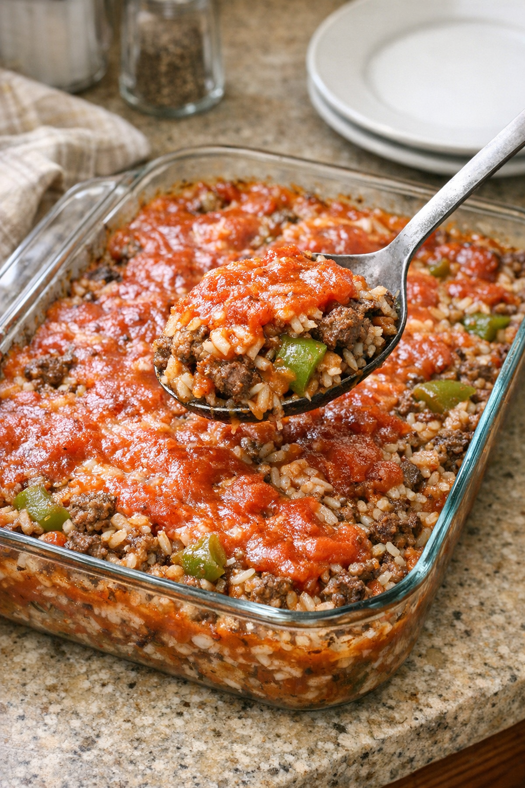 Finished Amish stuffed pepper casserole baked until bubbly in a casserole dish