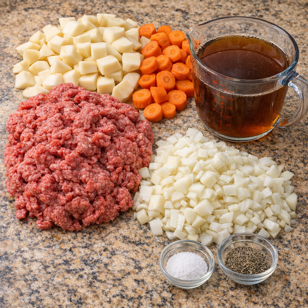 Raw ground beef, diced potatoes, sliced carrots, onion, and beef broth arranged for the stew