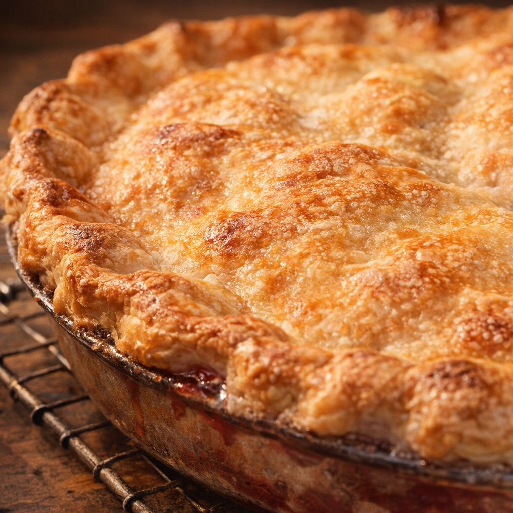 Golden cherry pie crust with bubbling and lift