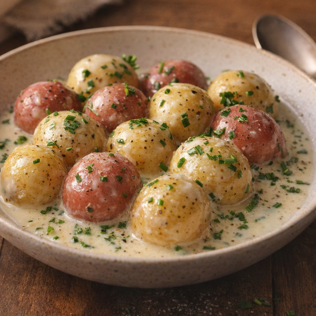 Serving of creamy potatoes topped with herbs