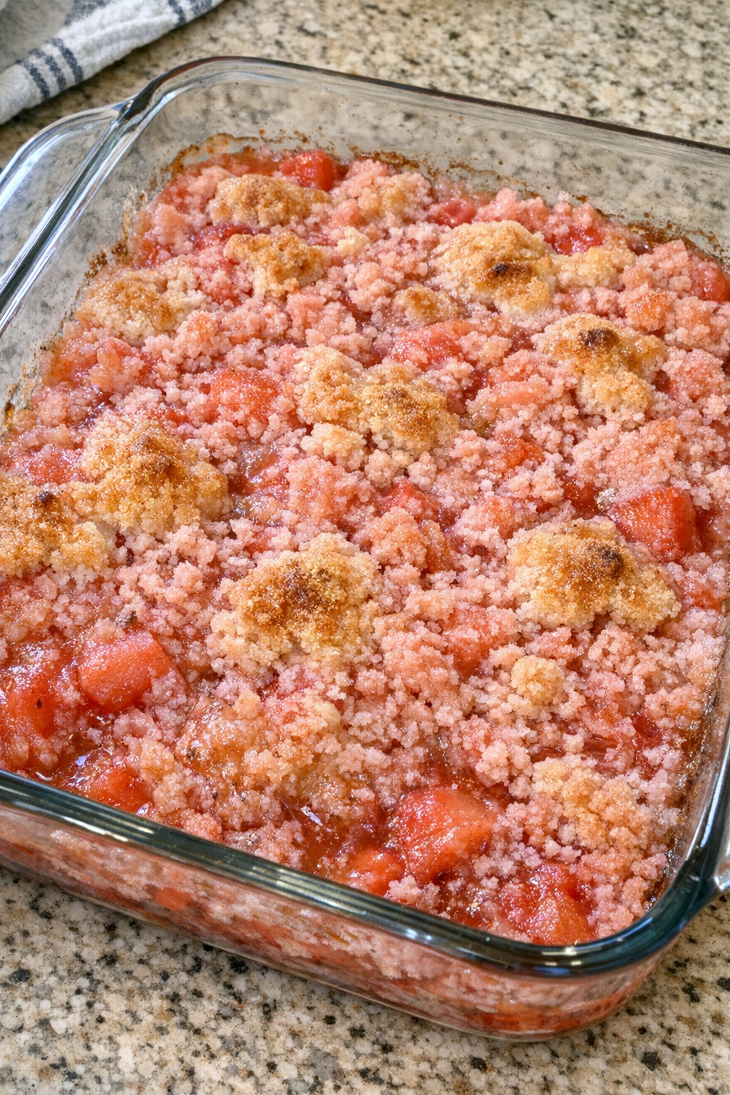 Baked watermelon strawberry cake dessert in a glass casserole dish