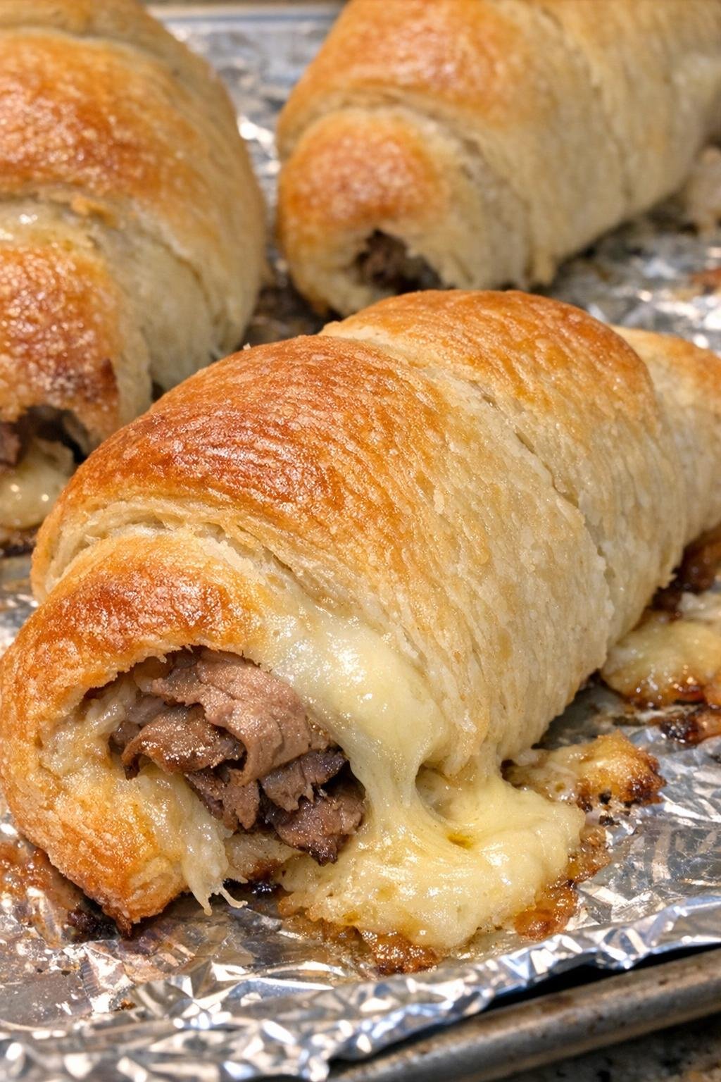 Golden brown crescent dough pillows filled with roast beef and smoked provolone on a foil-lined baking sheet