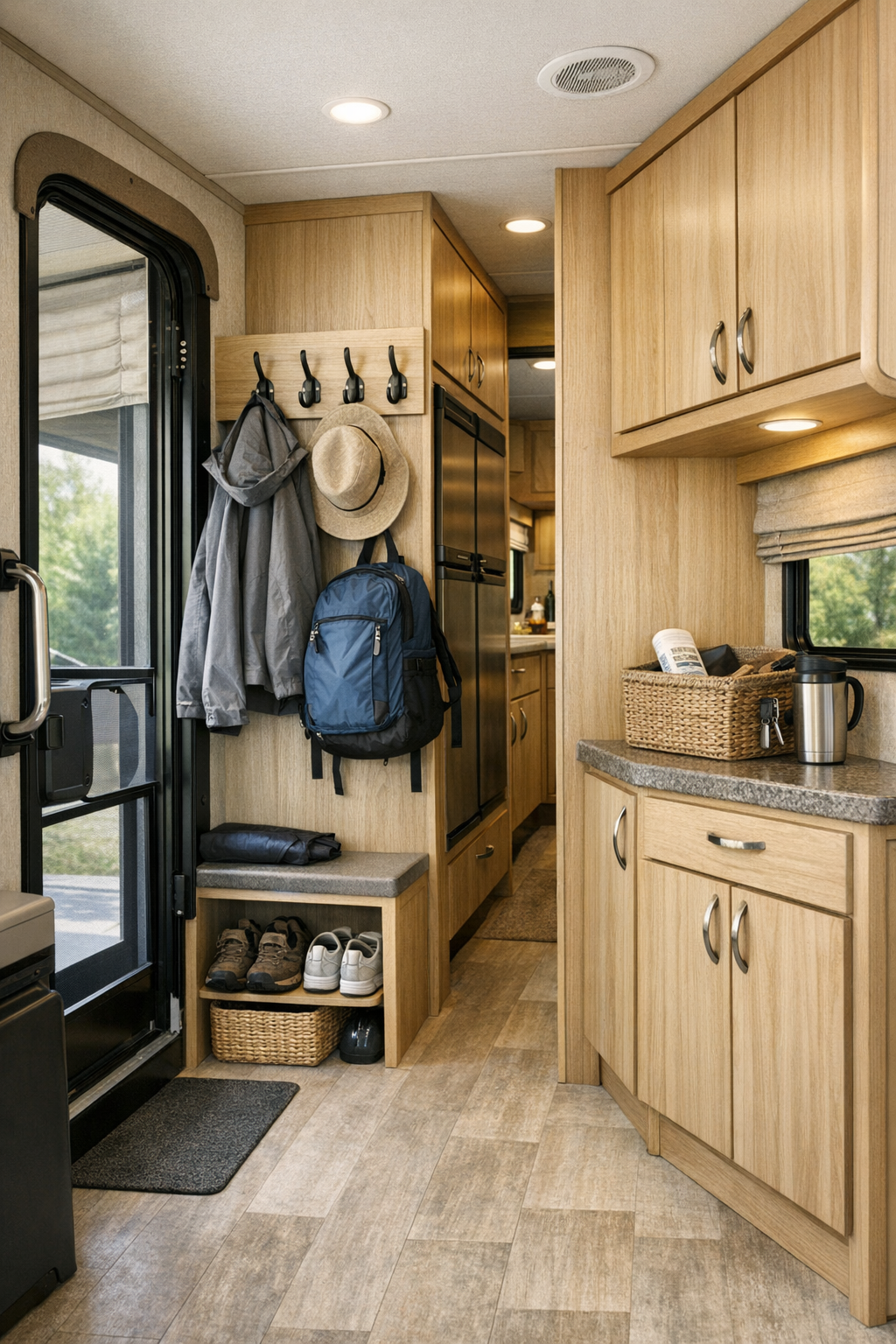 RV entry and storage area with built-in organization and pale finishes
