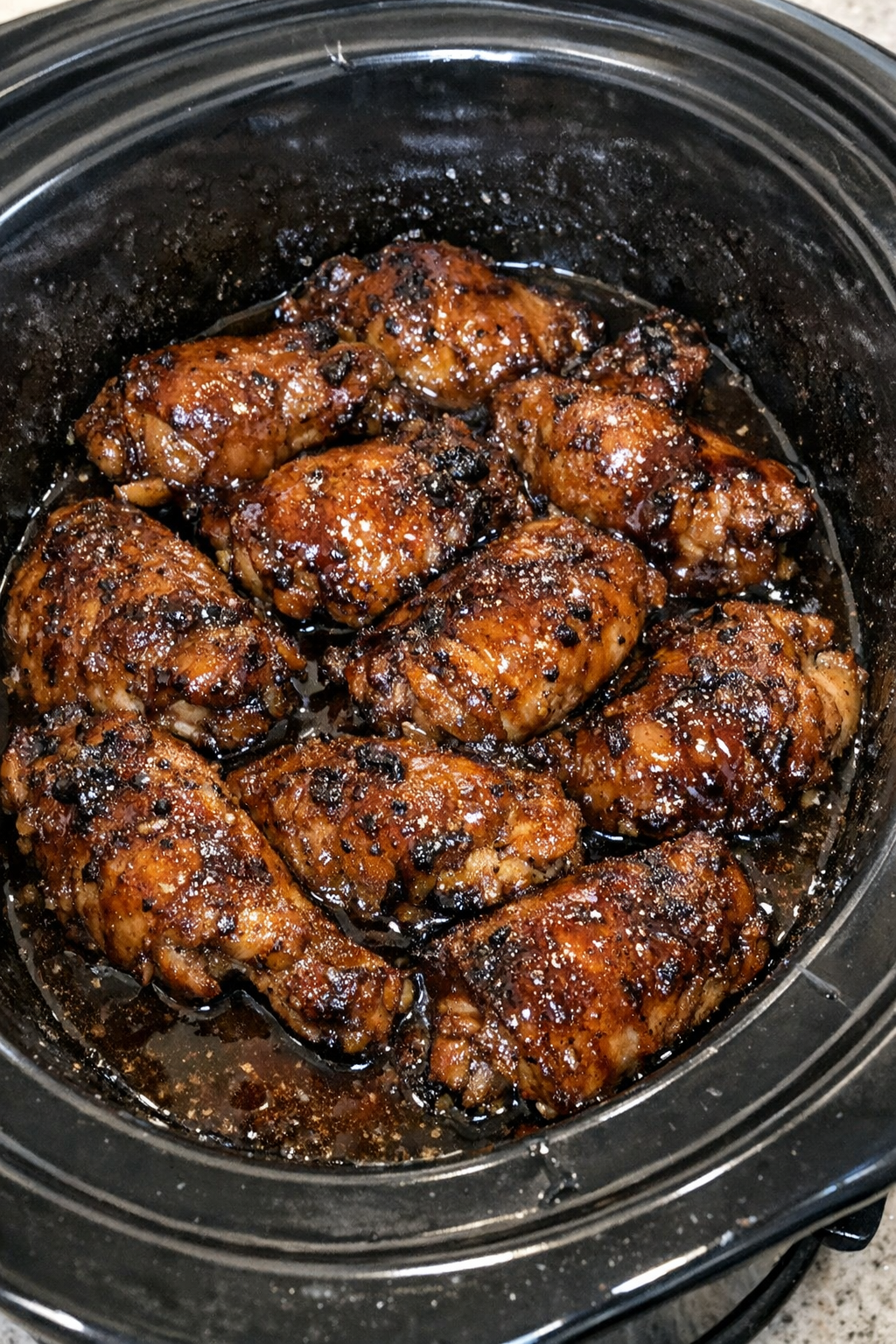 Slow cooker sticky chicken in a black slow cooker
