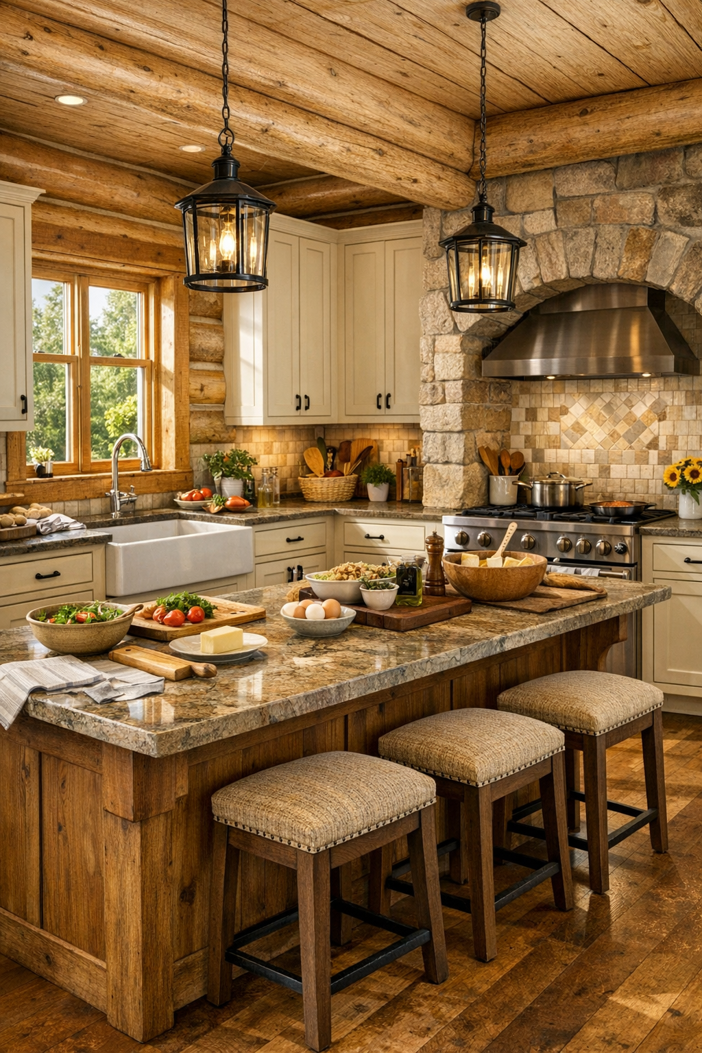 Crafted log home kitchen with cream cabinetry, wood island, and farmhouse sink