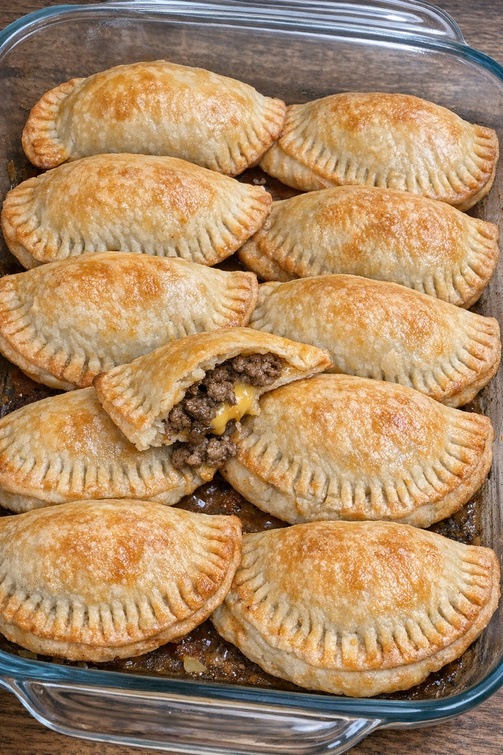 Golden brown beef empanadas in a glass baking dish